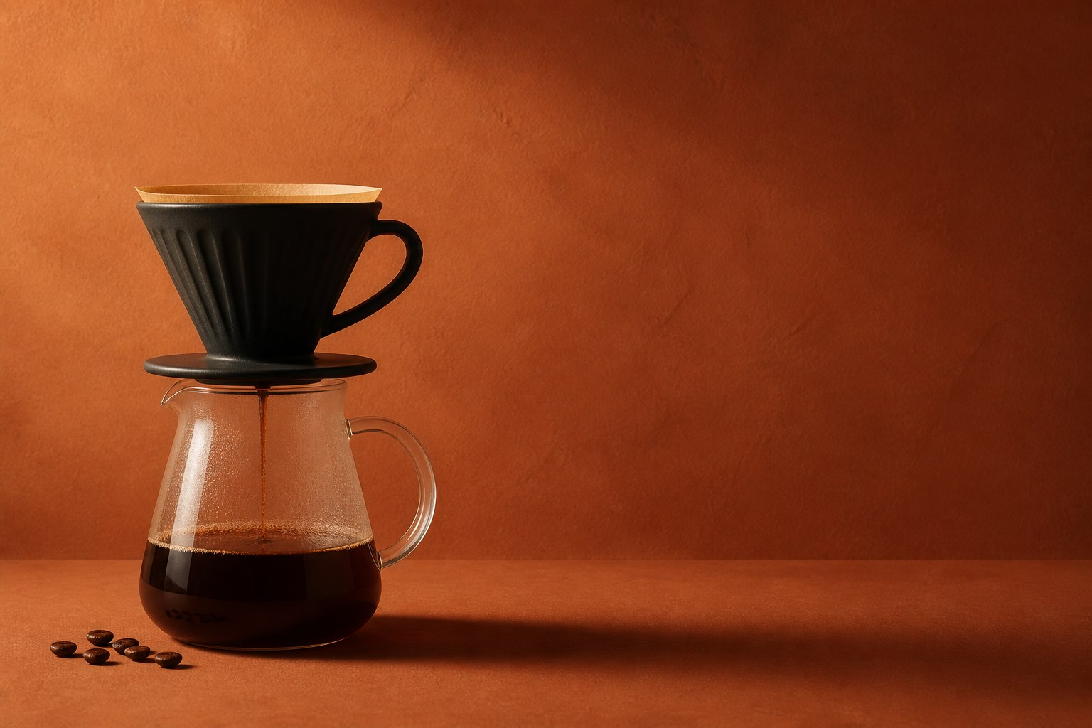 Turuncu stüdyo fonunda V60 dripper ve cam kahve sürahisi
