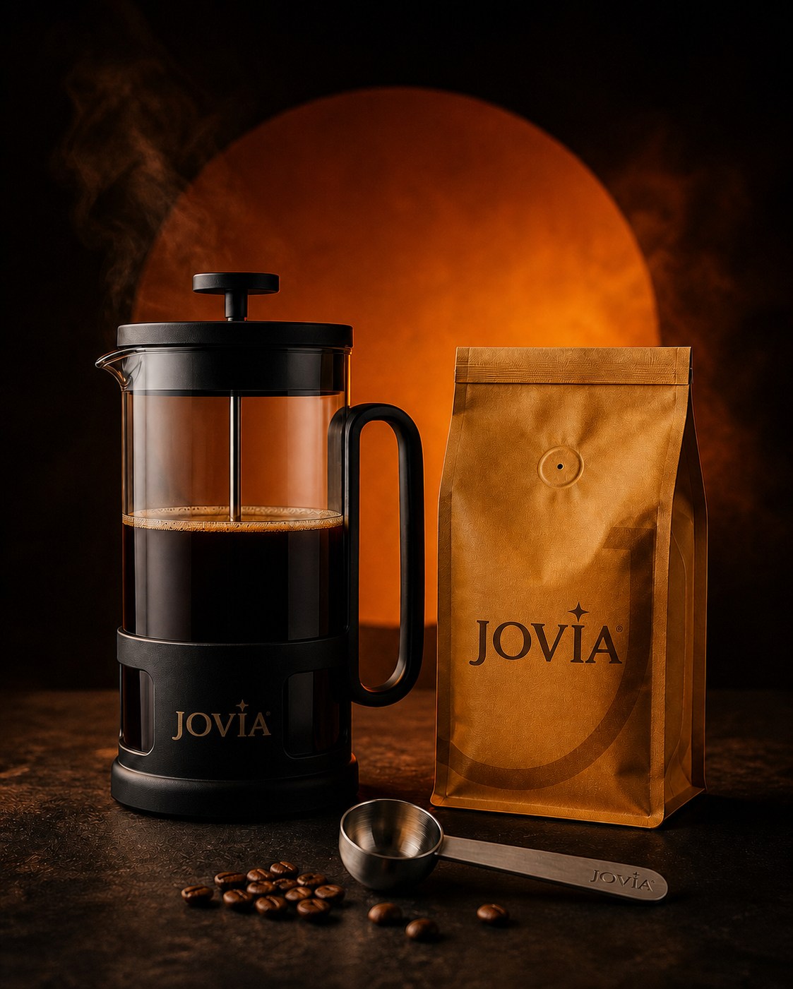 Jovia logolu French Press başlangıç seti, kahve paketi, ölçü kaşığı ve kahve çekirdekleri